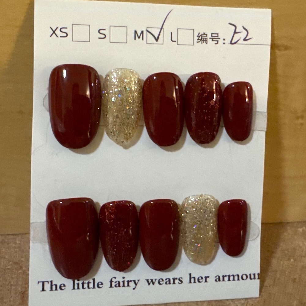 Burgundy and Gold Glitter Press On Nails Medium Oval Wine Red Manicure Set